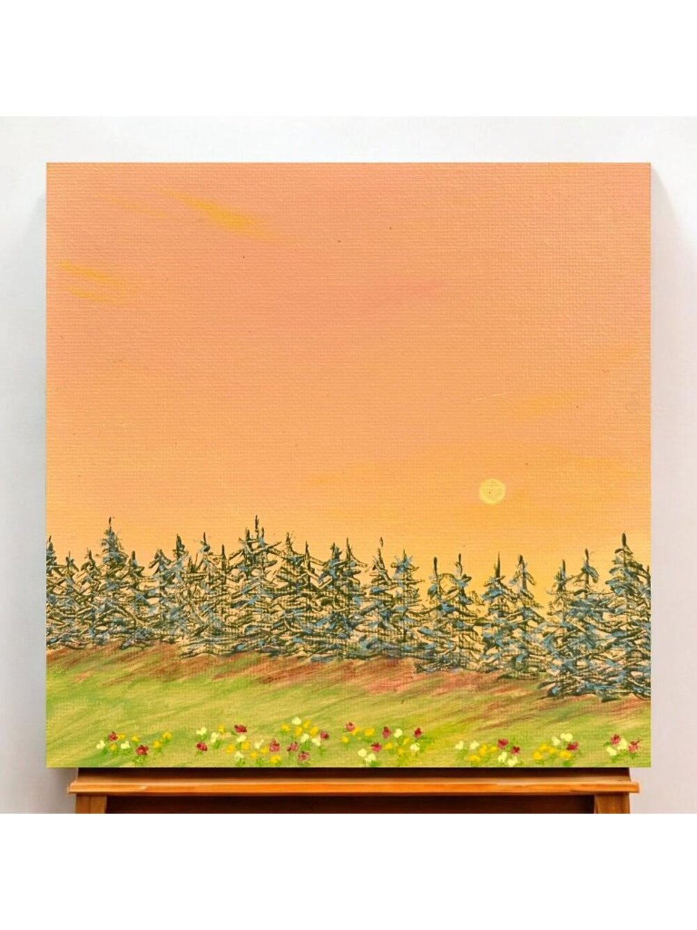 A Day Ends 6" x 6" Acrylic Painting Forest Sunset Landscape Original Wall Art